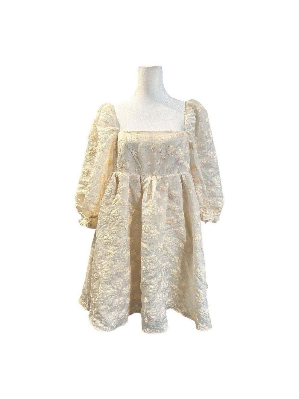 STORIA Baby Breath Baby Doll Cream Floral Appliqué Puff Sleeves Mini Dress NWT M